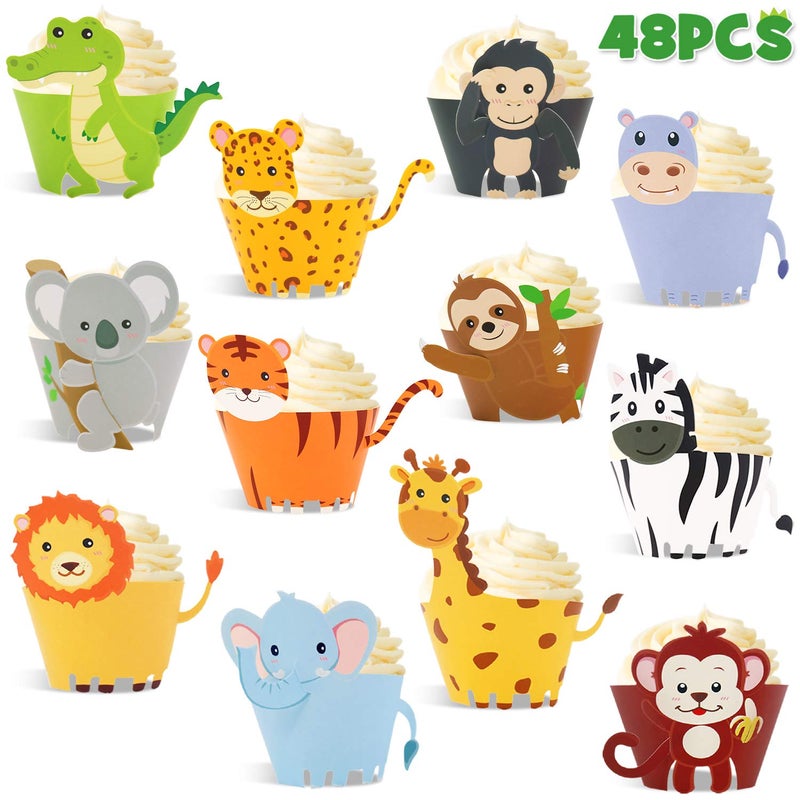 Bessmoso 48 Pcs Jungle Safari Animal Cupcake Wrappers Wild Party Cake Decorations Jungle Wild Cake Wrappers for Baby Shower Birthday Themed Decorations Safari Party Supplies - Image 1
